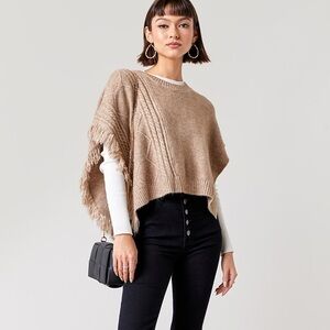Womens Eliza Cropped Fringe Poncho Sweater One Size Cable Knit Beige NEW